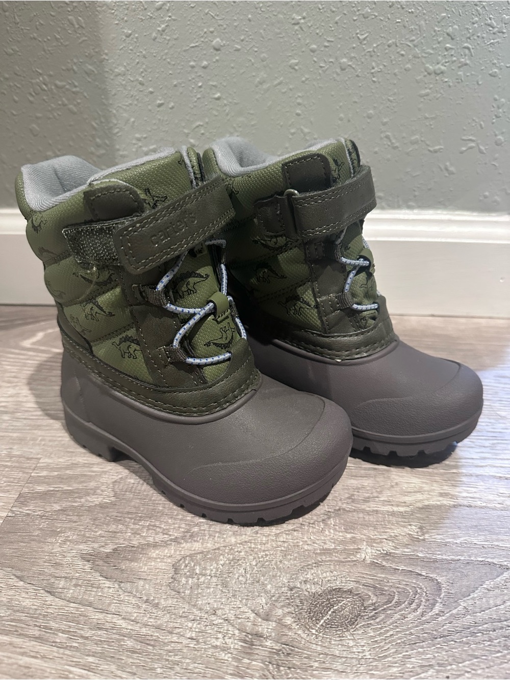 Carters Kids Green and Gray Dinosaur Boots- Waterproof Snow Boots